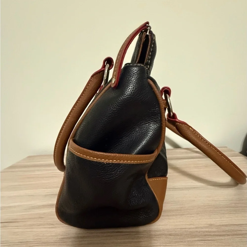 Black Leather Tignanello Purse Brown & Red Trim Silvertone Hardware Handbag
